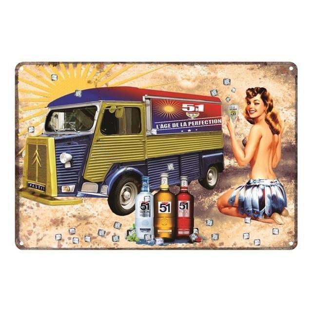 TD Nostalgie Targa In Metallo Retrò 79x43 Cm Con Pin Up Girl E Scritta Gasoline, Decorazione Da Parete